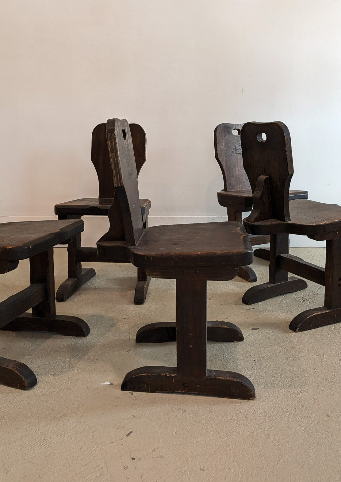 Vintage Dark Wooden Brutalist Chairs with "B" Emblem