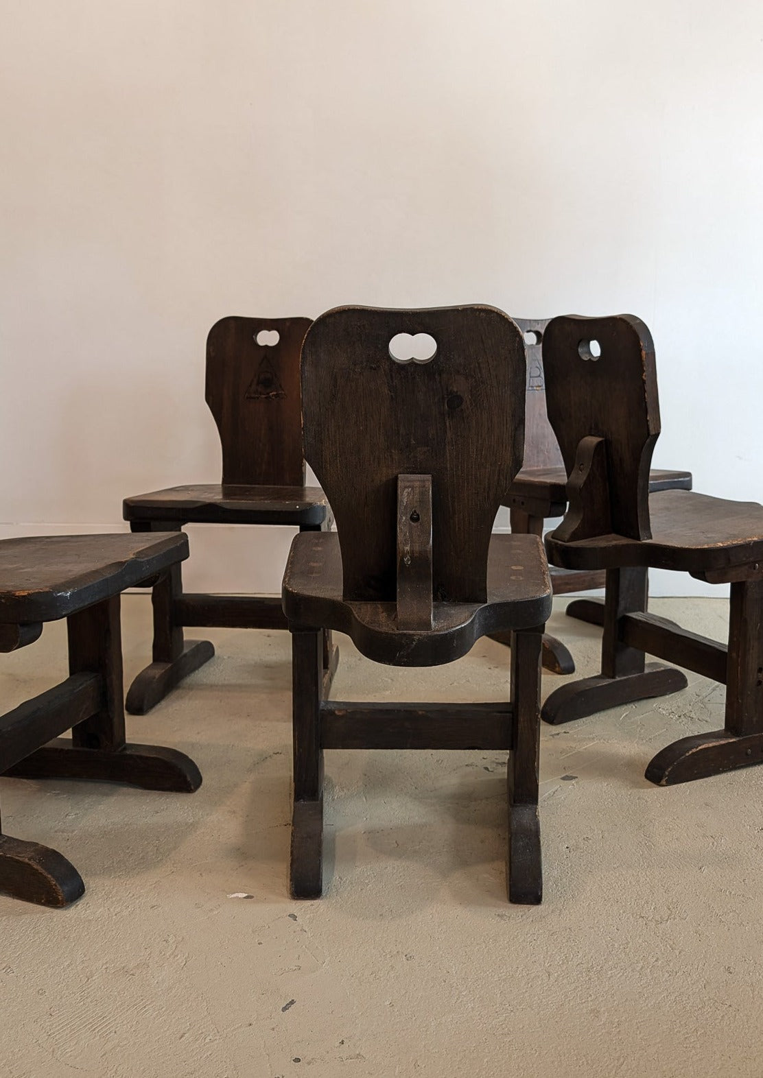 Vintage Dark Wooden Brutalist Chairs with "B" Emblem