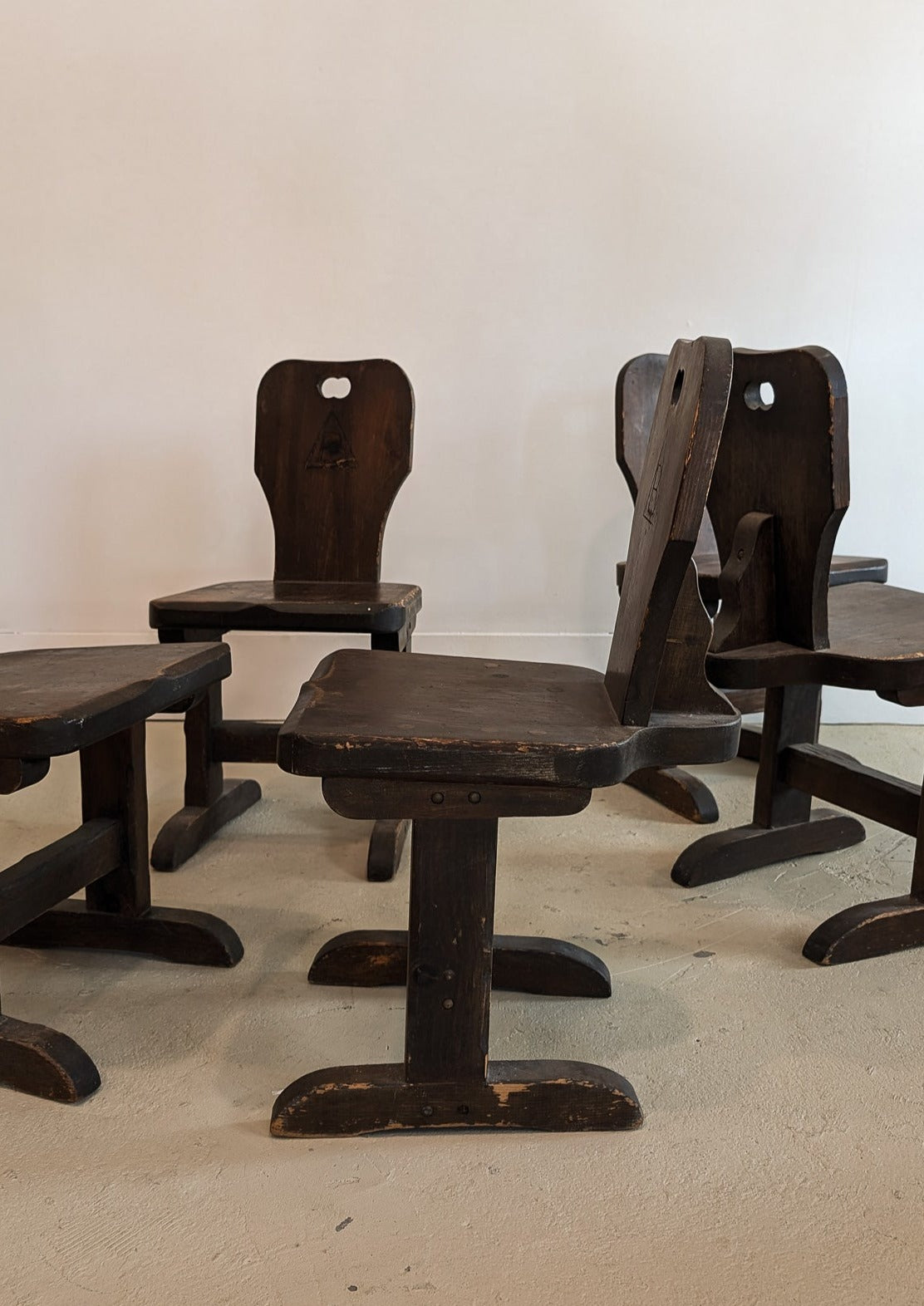 Vintage Dark Wooden Brutalist Chairs with "B" Emblem