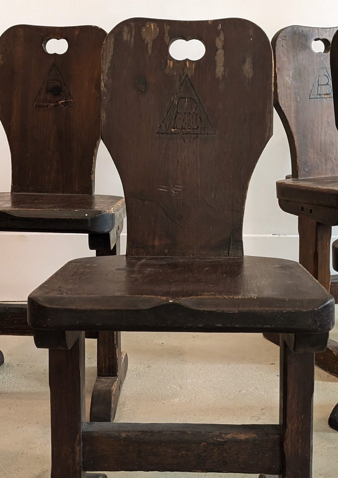 Vintage Dark Wooden Brutalist Chairs with "B" Emblem