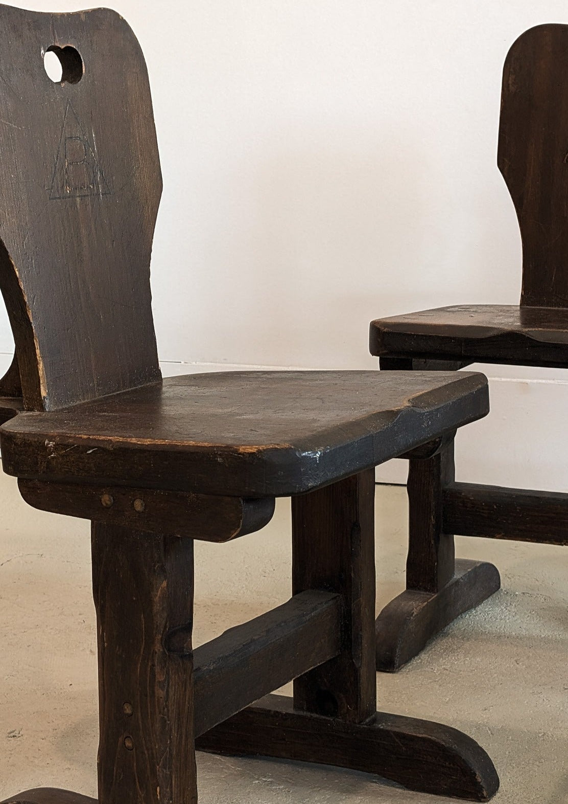 Vintage Dark Wooden Brutalist Chairs with "B" Emblem