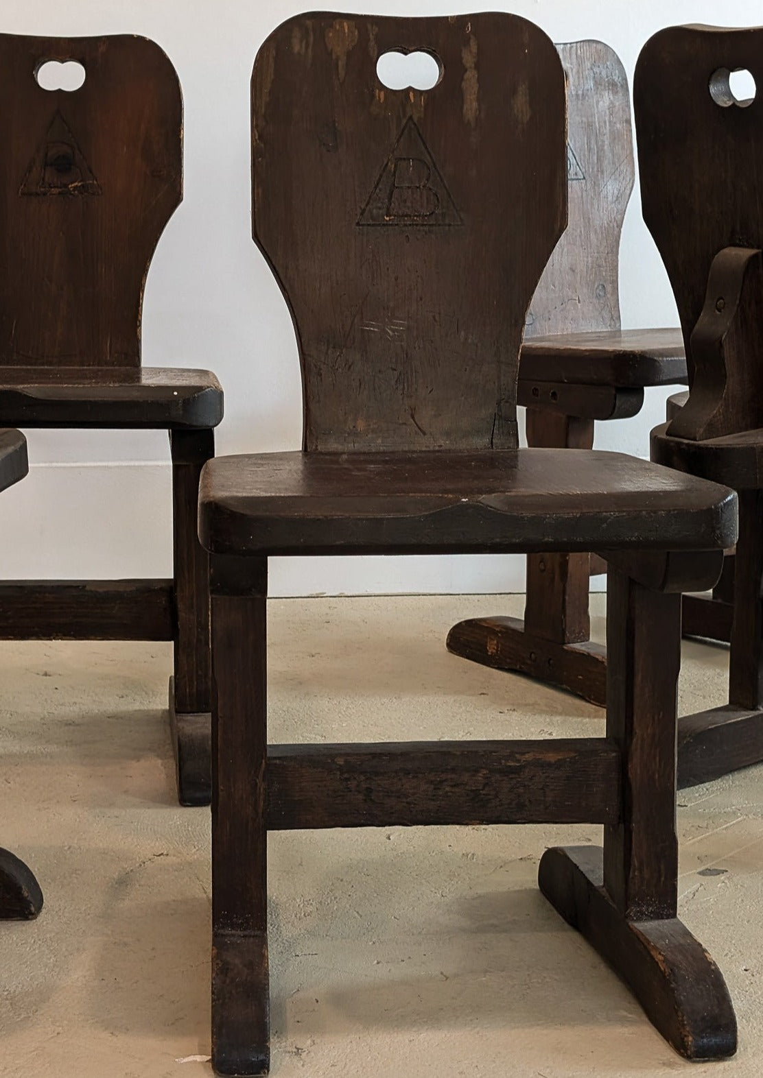 Vintage Dark Wooden Brutalist Chairs with "B" Emblem