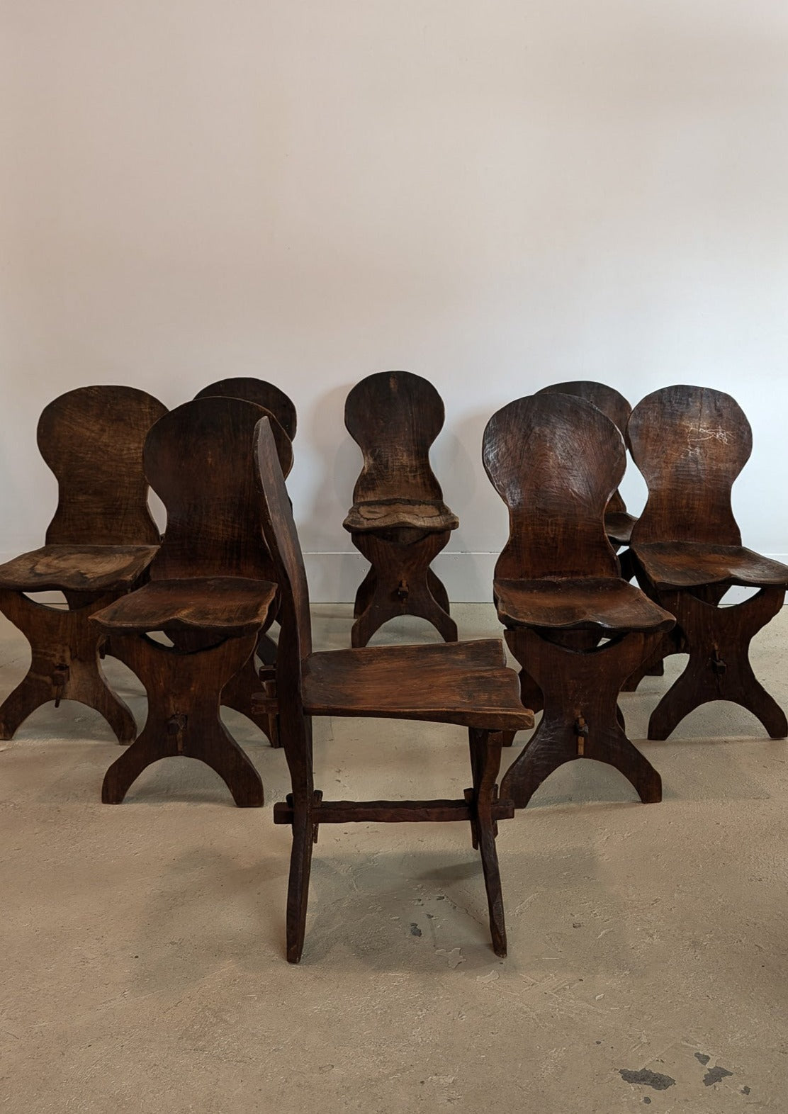 Antique Sculptural Hand-Carved Dark Wooden Brutalist Chairs