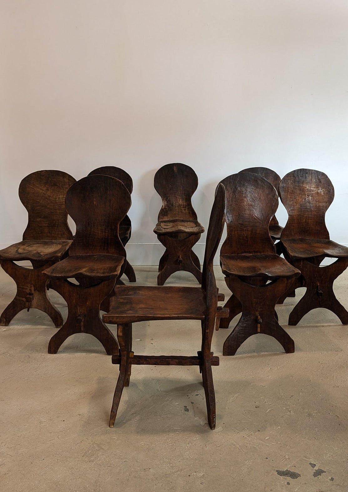 Antique Sculptural Hand-Carved Dark Wooden Brutalist Chairs