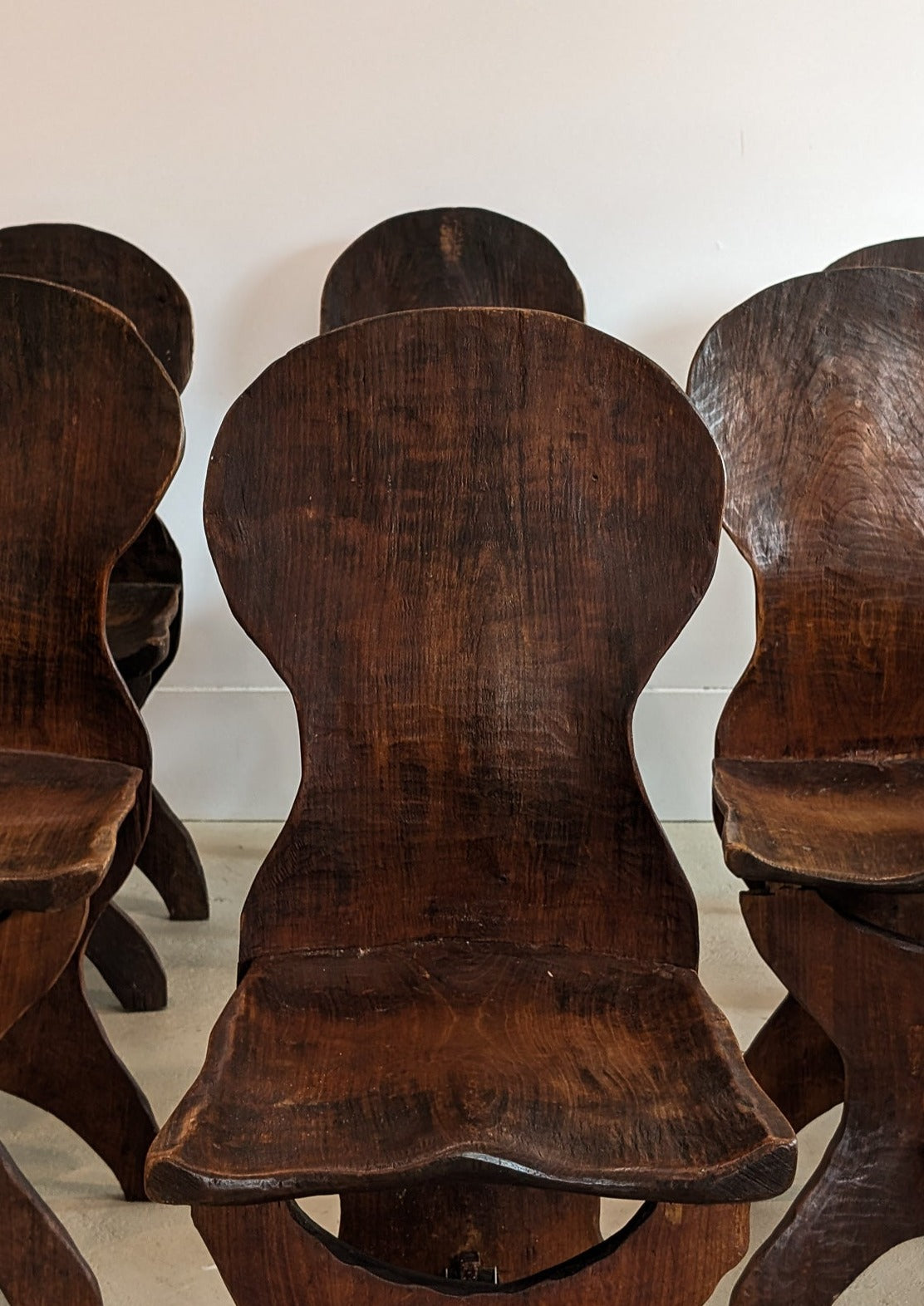 Antique Sculptural Hand-Carved Dark Wooden Brutalist Chairs