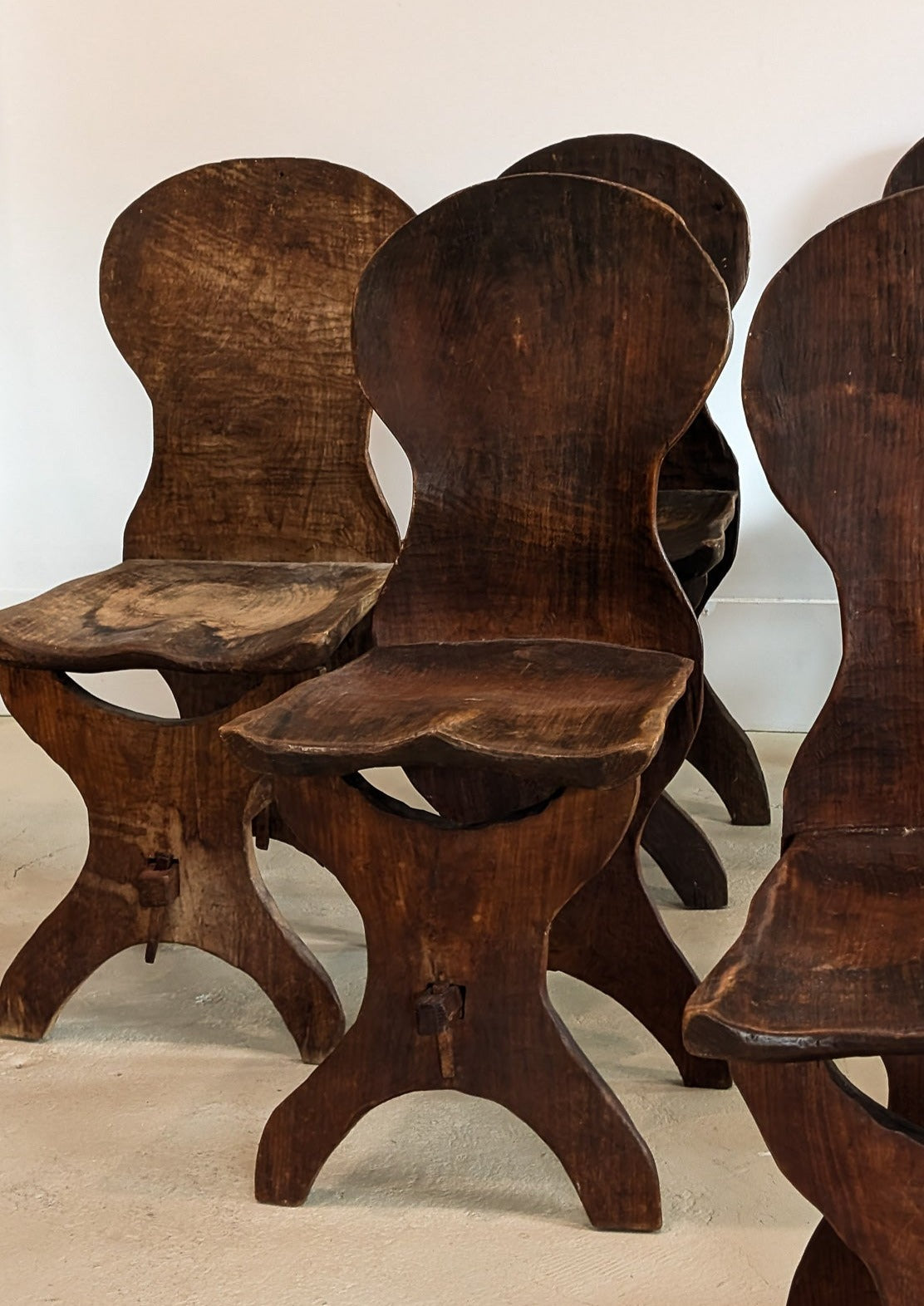 Antique Sculptural Hand-Carved Dark Wooden Brutalist Chairs