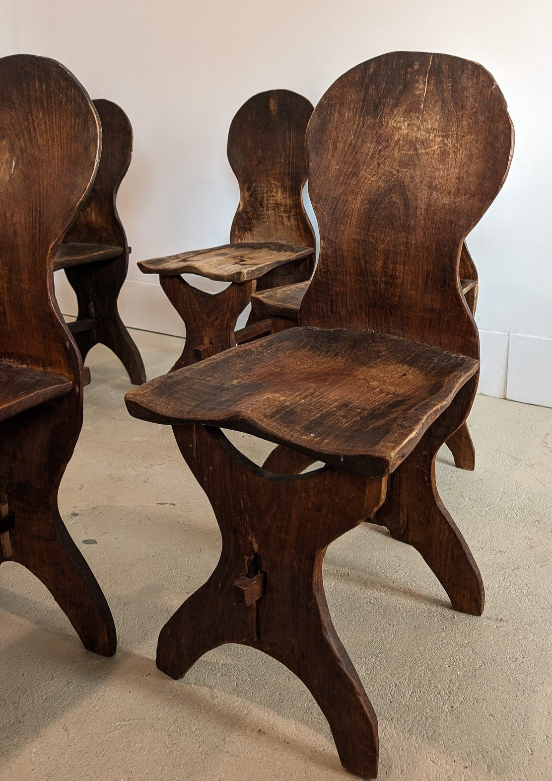 Antique Sculptural Hand-Carved Dark Wooden Brutalist Chairs