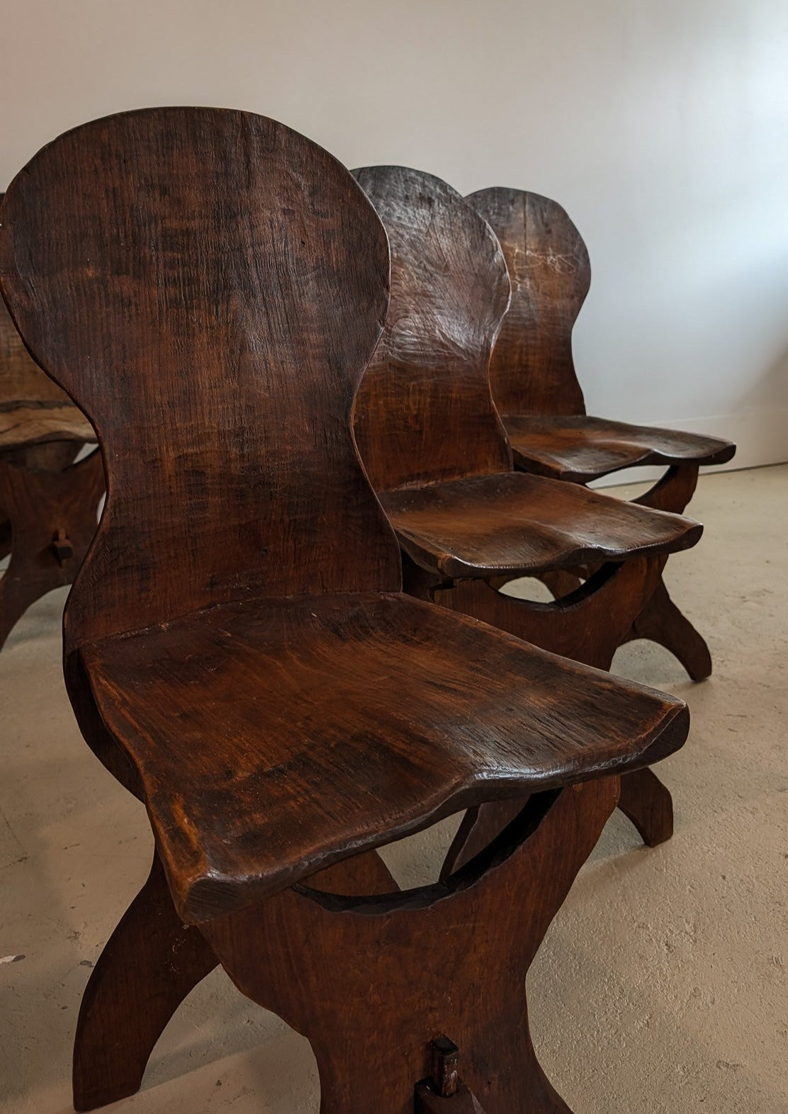 Antique Sculptural Hand-Carved Dark Wooden Brutalist Chairs