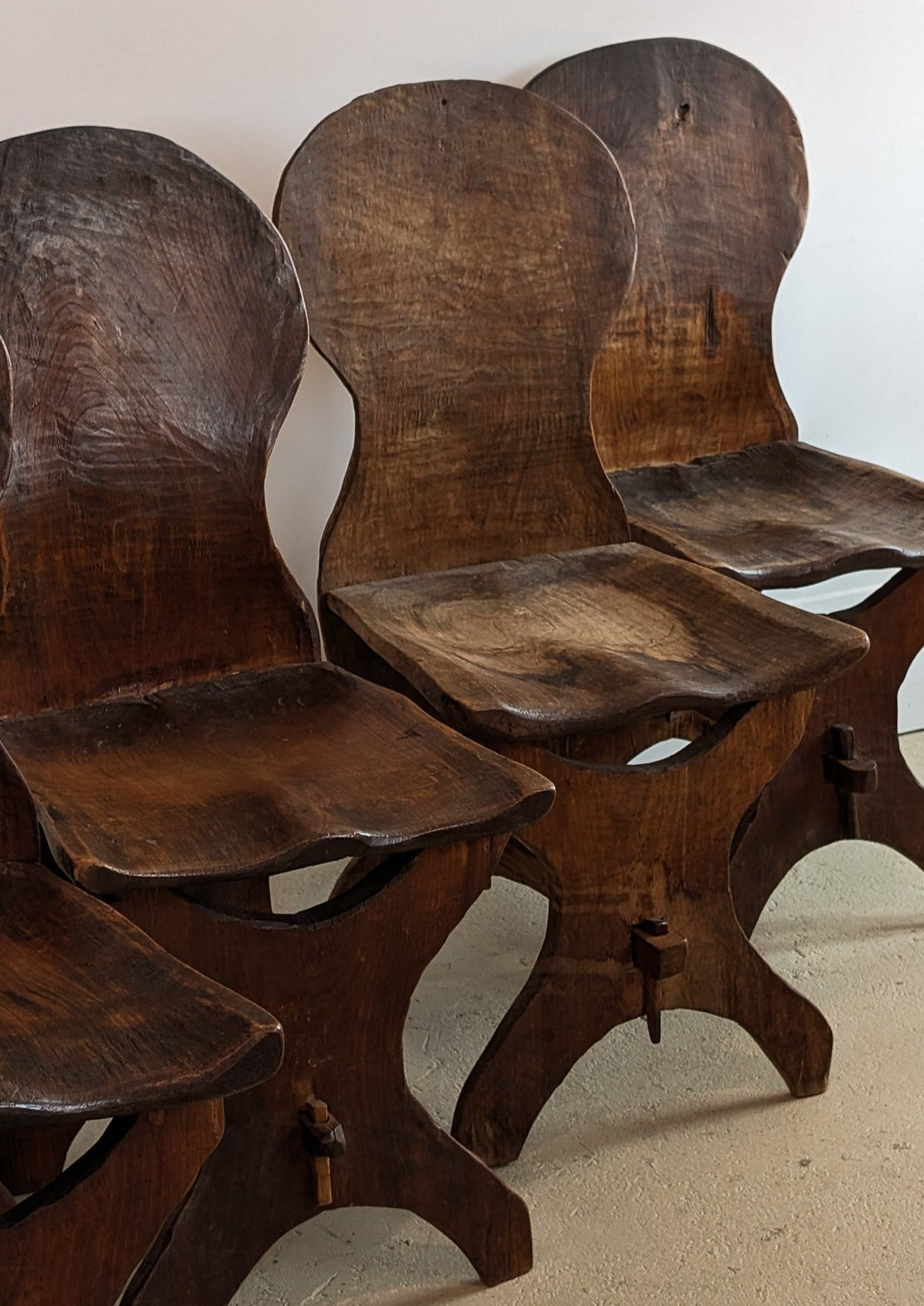 Antique Sculptural Hand-Carved Dark Wooden Brutalist Chairs