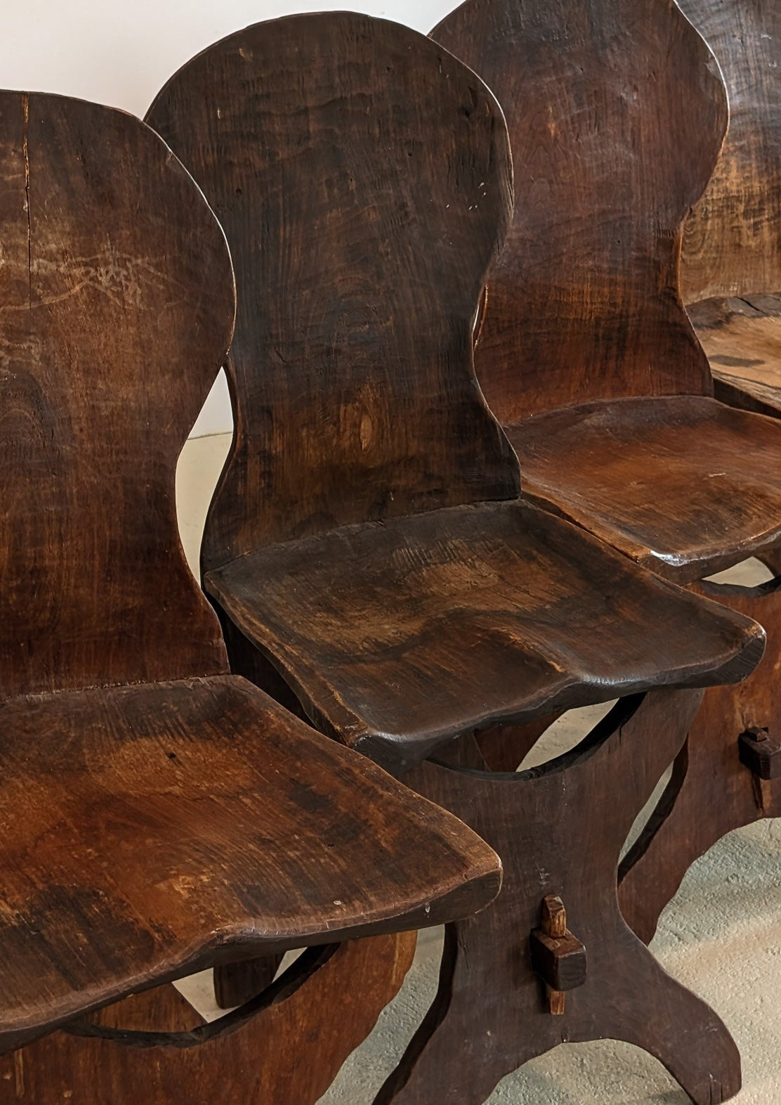 Antique Sculptural Hand-Carved Dark Wooden Brutalist Chairs