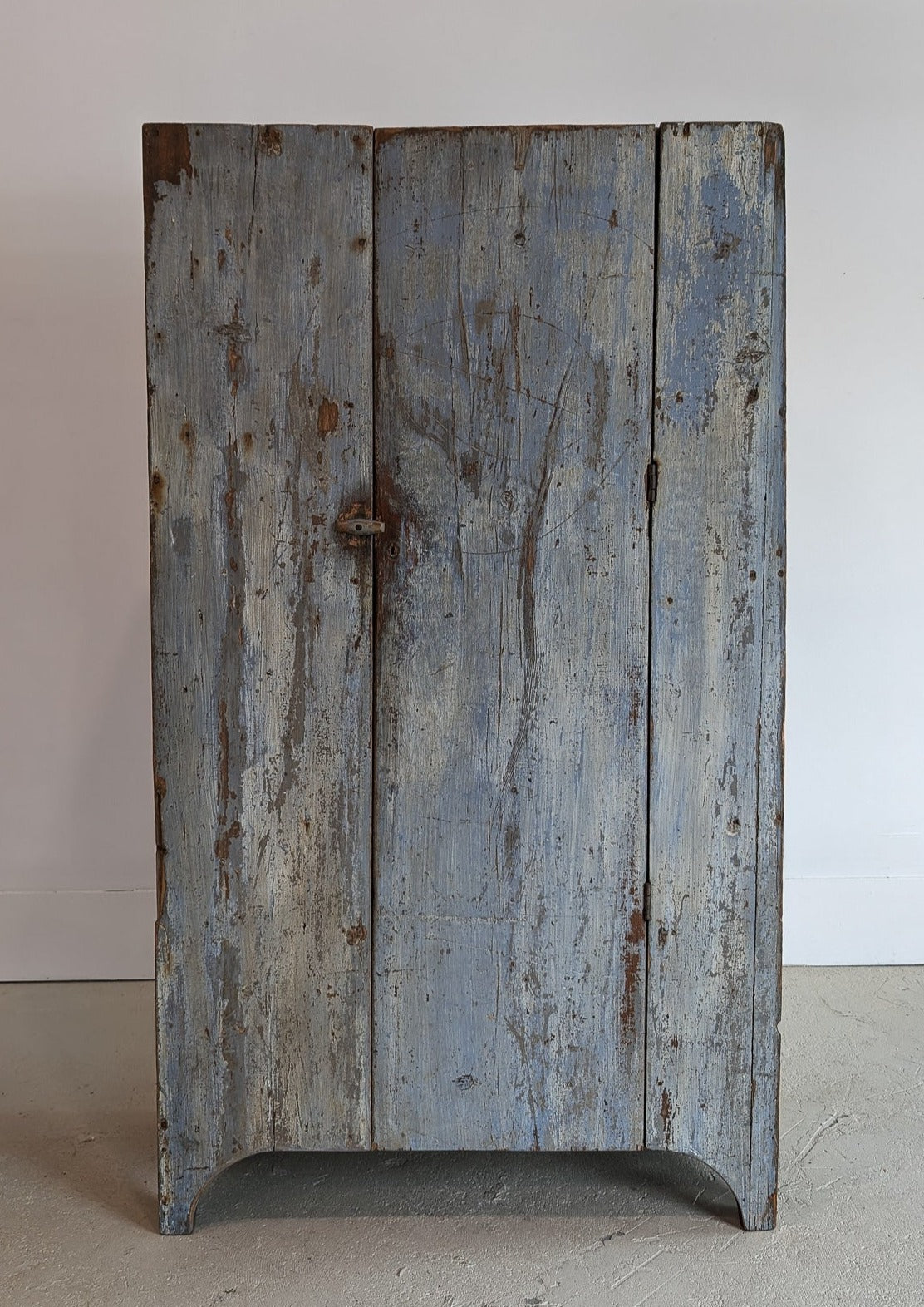 Early 1800s Primitive Blue Cabinet with Brass Stitch Detailing and Square Head Nails