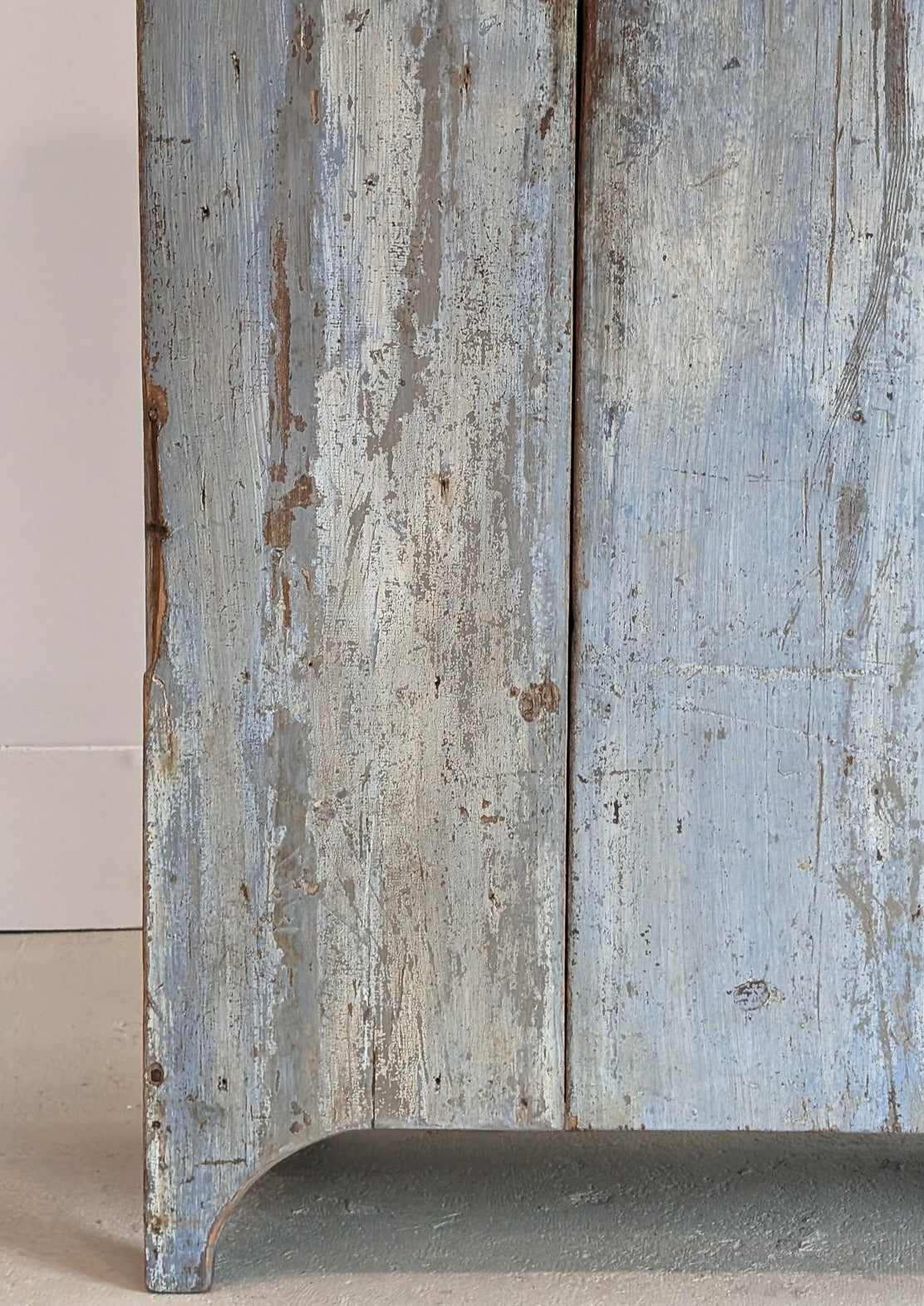 Early 1800s Primitive Blue Cabinet with Brass Stitch Detailing and Square Head Nails