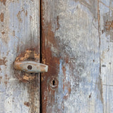 Early 1800s Primitive Blue Cabinet with Brass Stitch Detailing and Square Head Nails