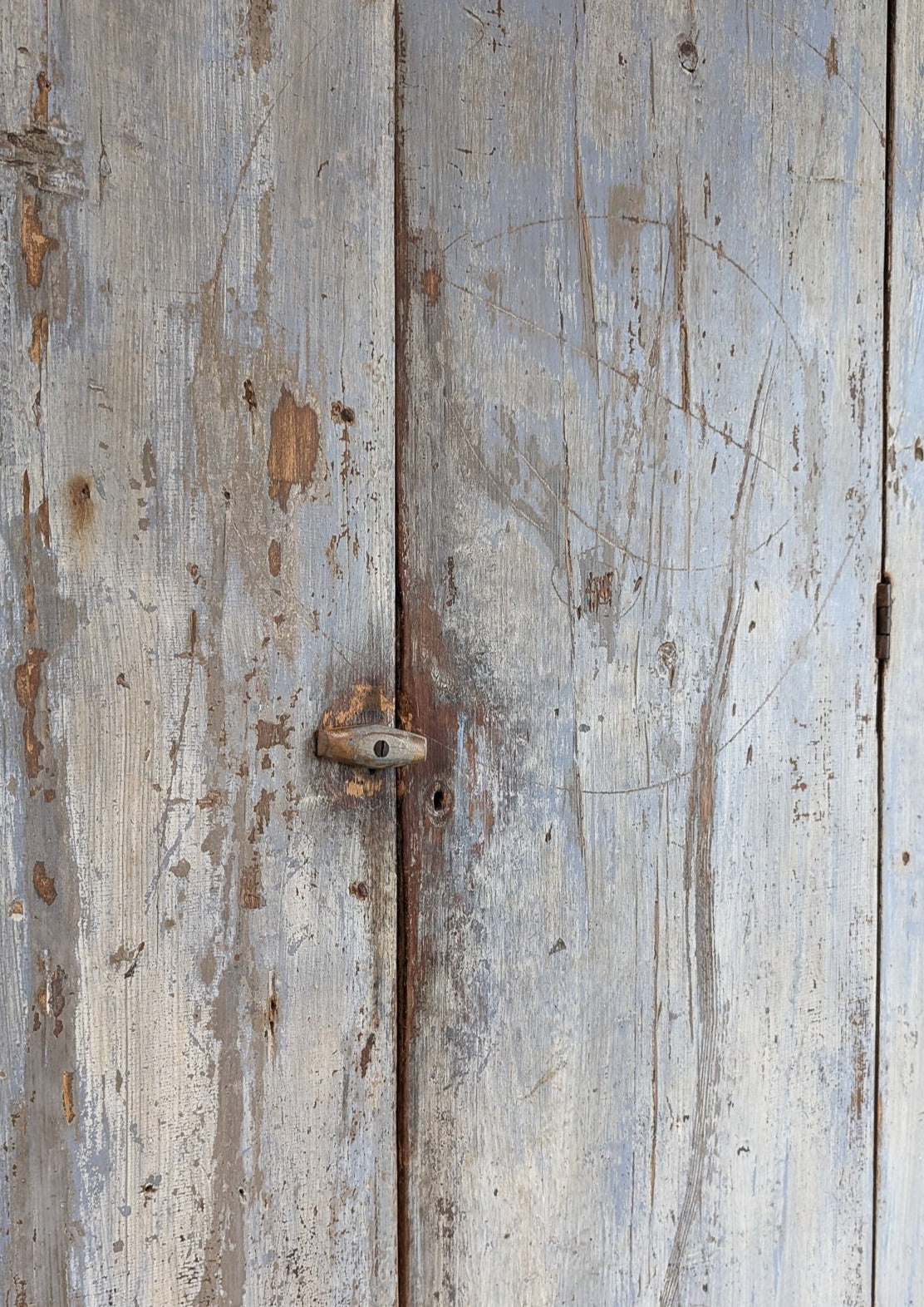 Early 1800s Primitive Blue Cabinet with Brass Stitch Detailing and Square Head Nails