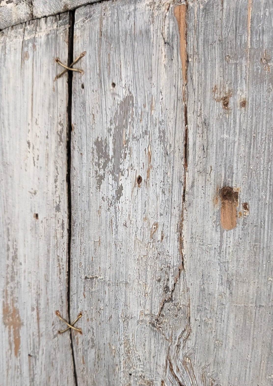 Early 1800s Primitive Blue Cabinet with Brass Stitch Detailing and Square Head Nails