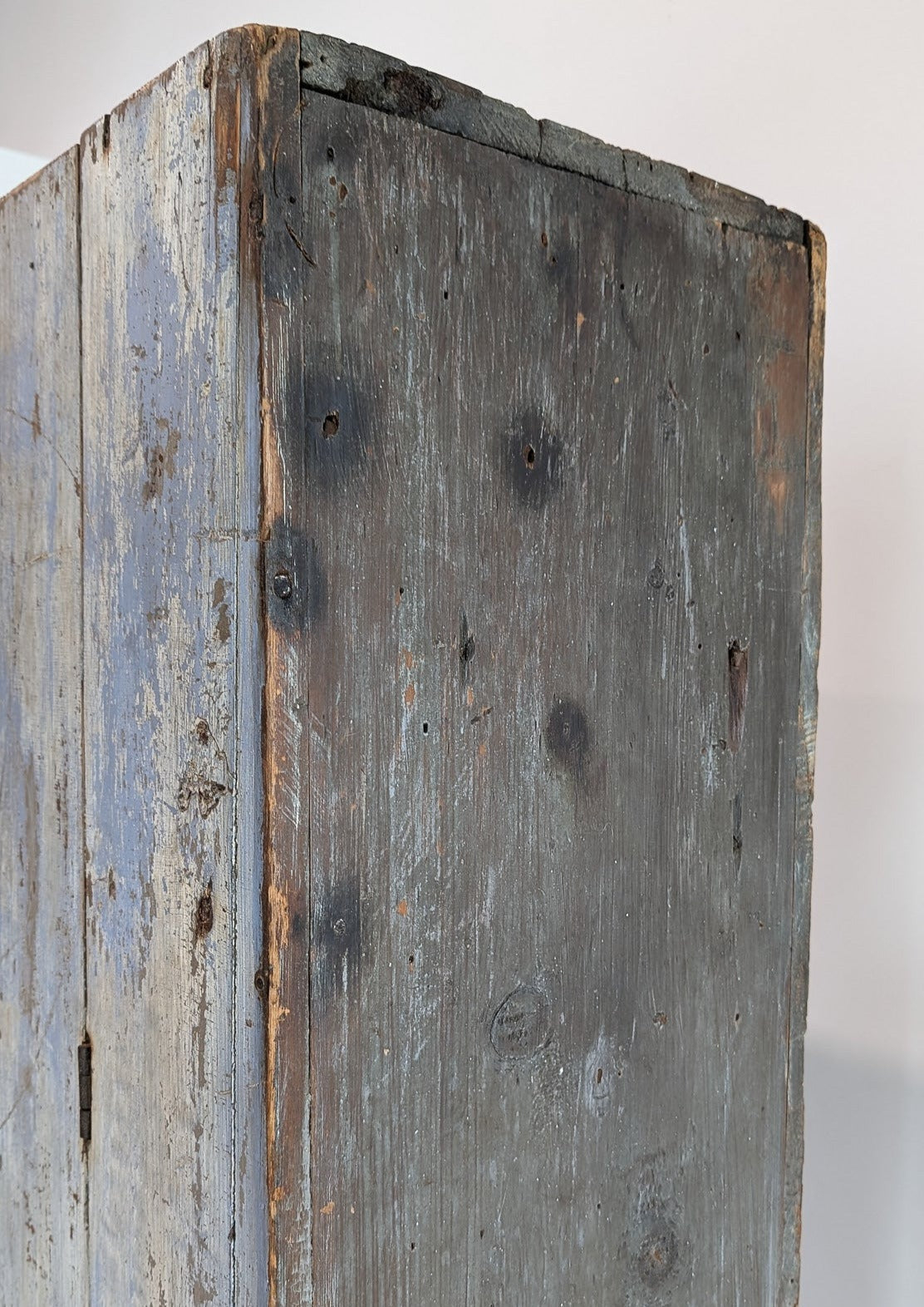 Early 1800s Primitive Blue Cabinet with Brass Stitch Detailing and Square Head Nails