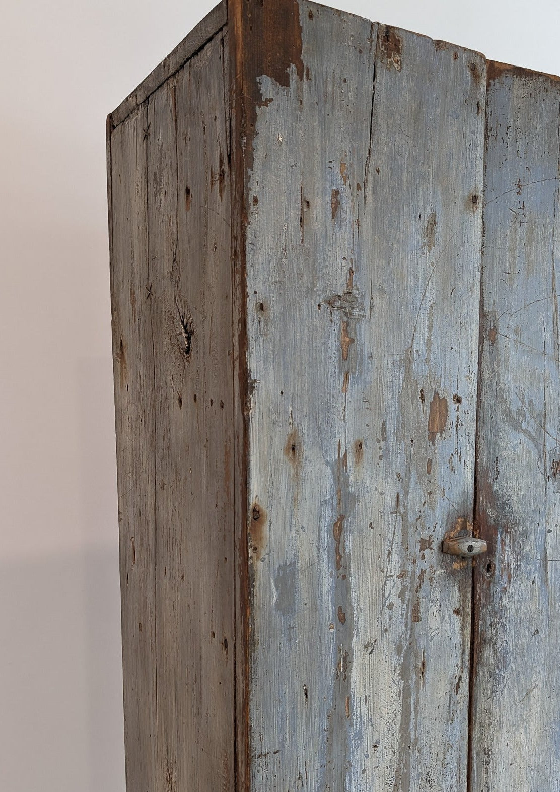 Early 1800s Primitive Blue Cabinet with Brass Stitch Detailing and Square Head Nails