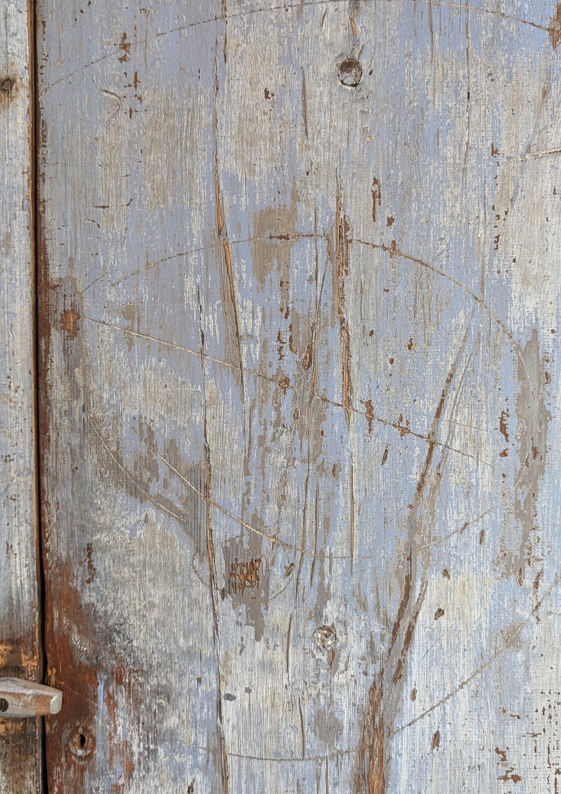 Early 1800s Primitive Blue Cabinet with Brass Stitch Detailing and Square Head Nails