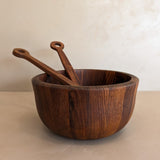 Rare Vintage Dansk Dark Wooden Salad Bowl and Serving Utensils