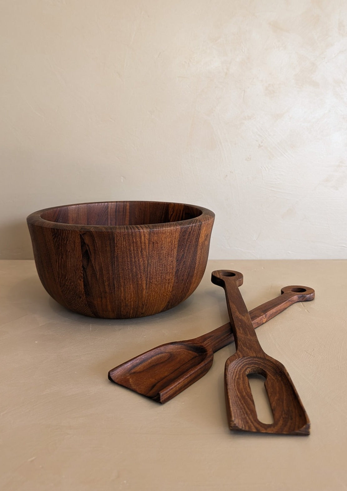 Rare Vintage Dansk Dark Wooden Salad Bowl and Serving Utensils