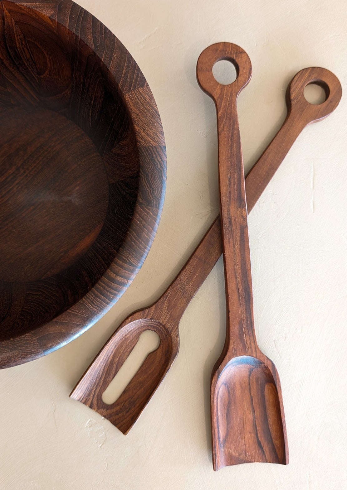 Rare Vintage Dansk Dark Wooden Salad Bowl and Serving Utensils