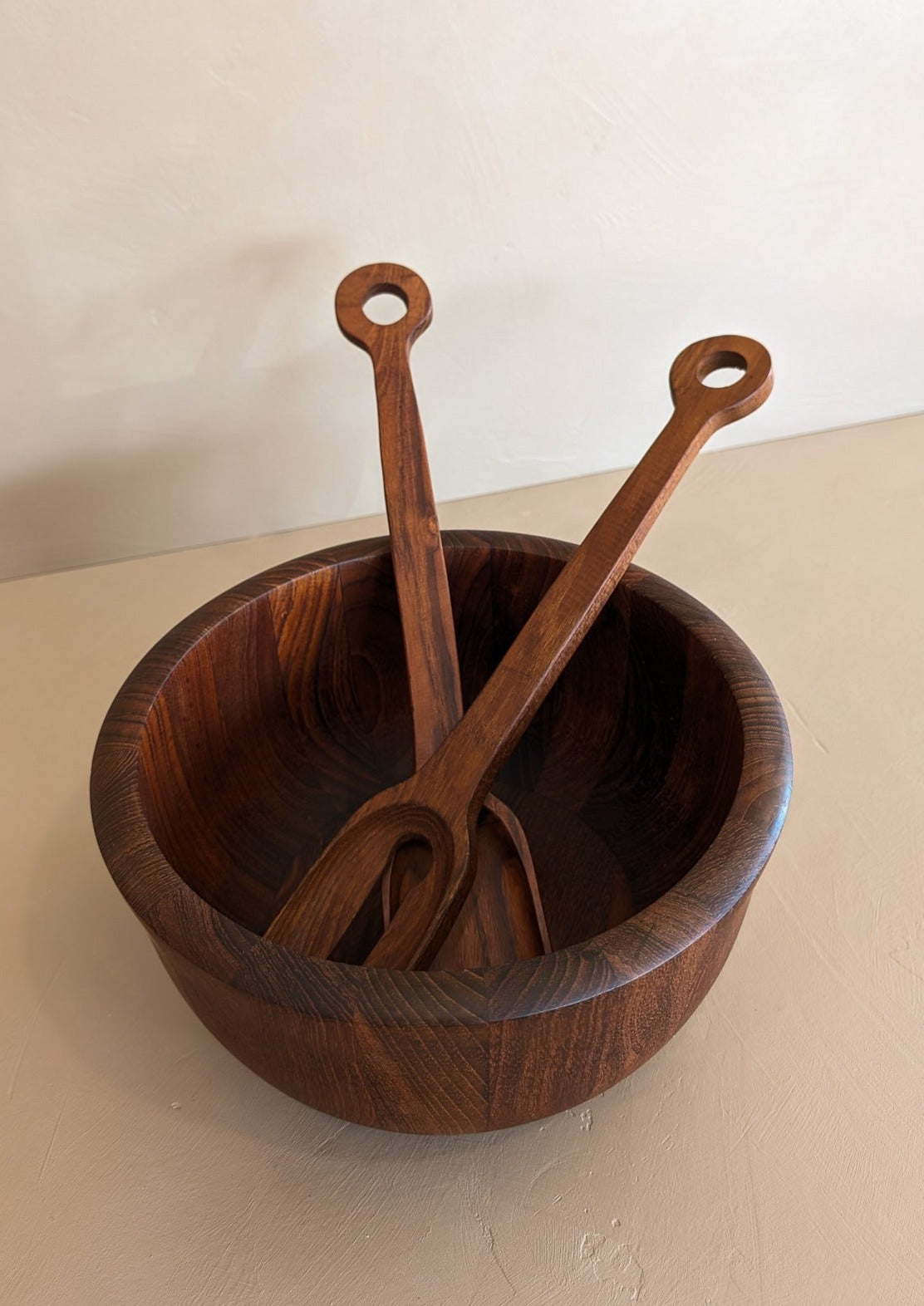 Rare Vintage Dansk Dark Wooden Salad Bowl and Serving Utensils