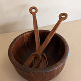 Rare Vintage Dansk Dark Wooden Salad Bowl and Serving Utensils