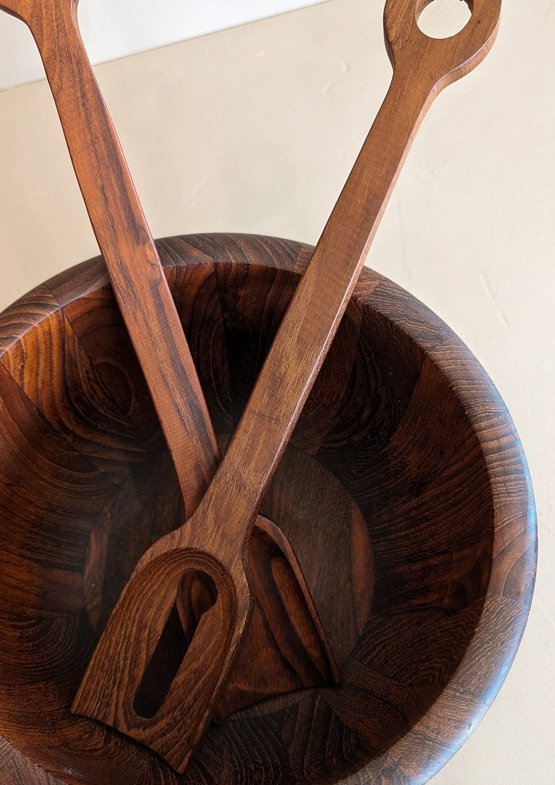 Rare Vintage Dansk Dark Wooden Salad Bowl and Serving Utensils