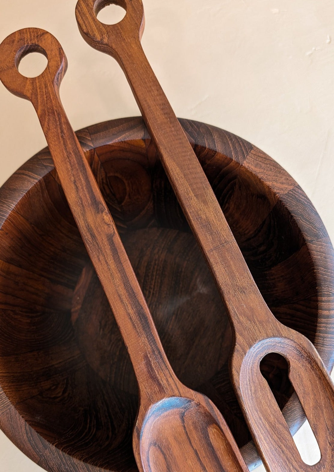 Rare Vintage Dansk Dark Wooden Salad Bowl and Serving Utensils