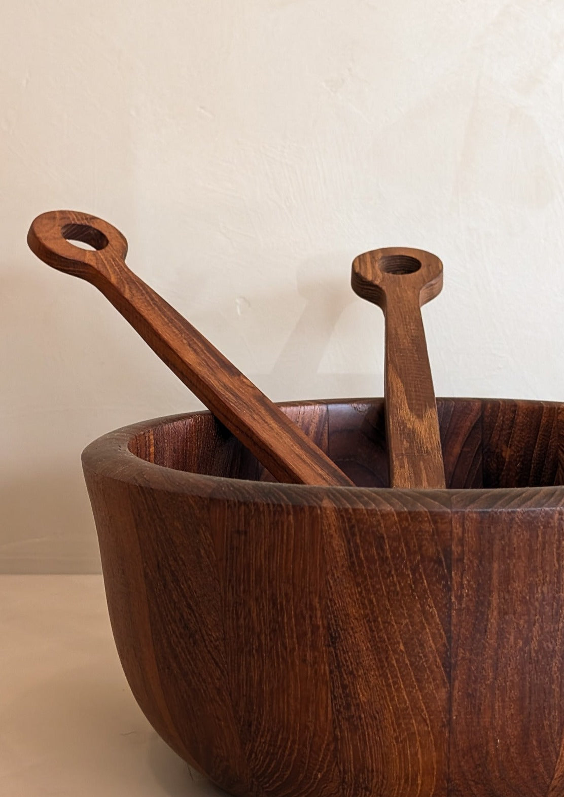 Rare Vintage Dansk Dark Wooden Salad Bowl and Serving Utensils