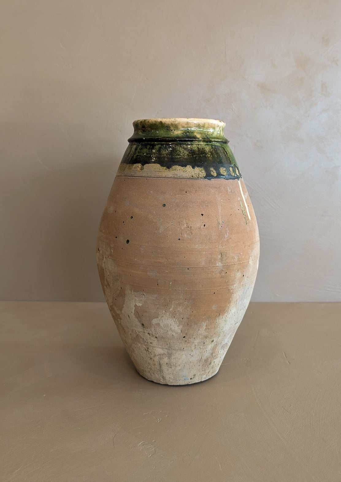 Vintage European-Style Clay Vessel With Green Glazed Mouth #1