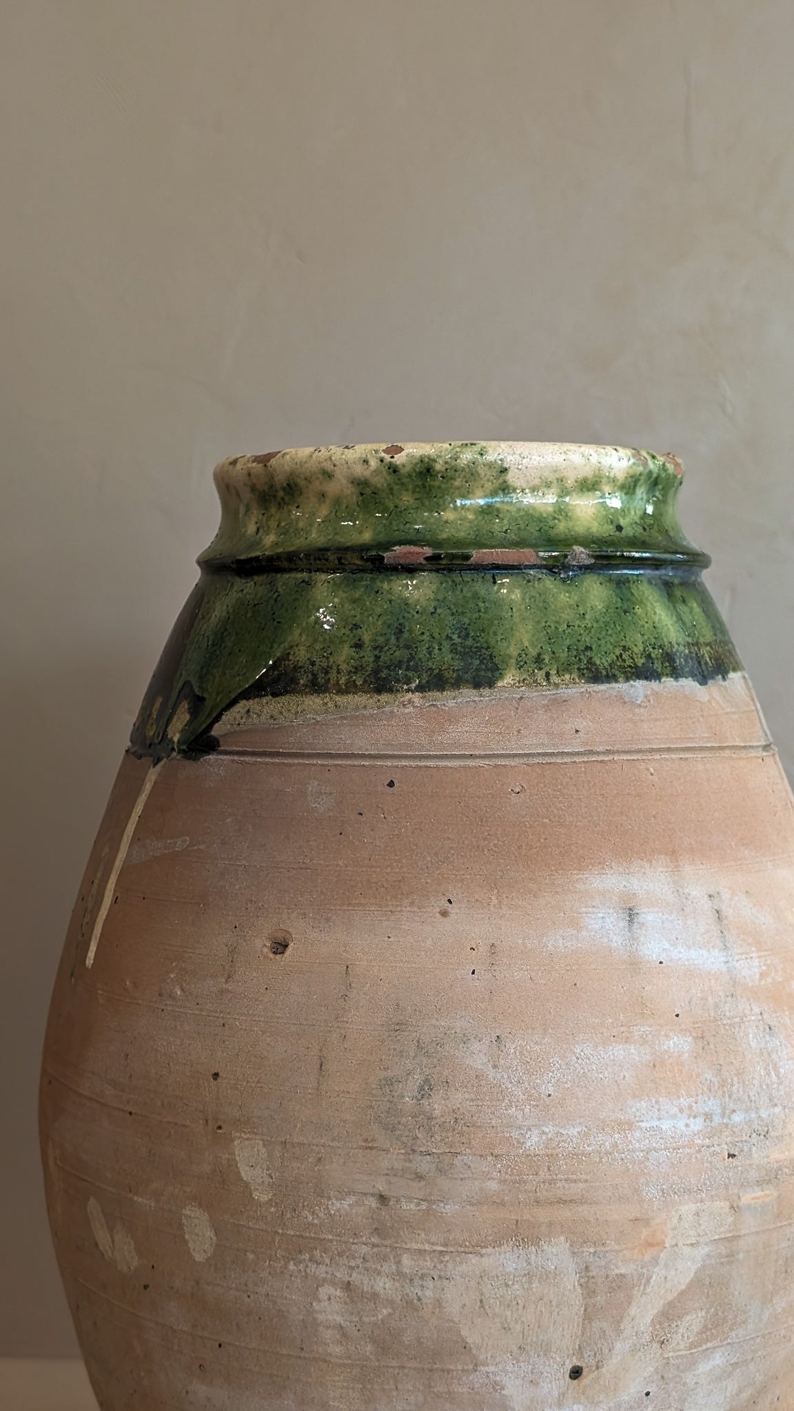 Vintage European-Style Clay Vessel With Green Glazed Mouth #1