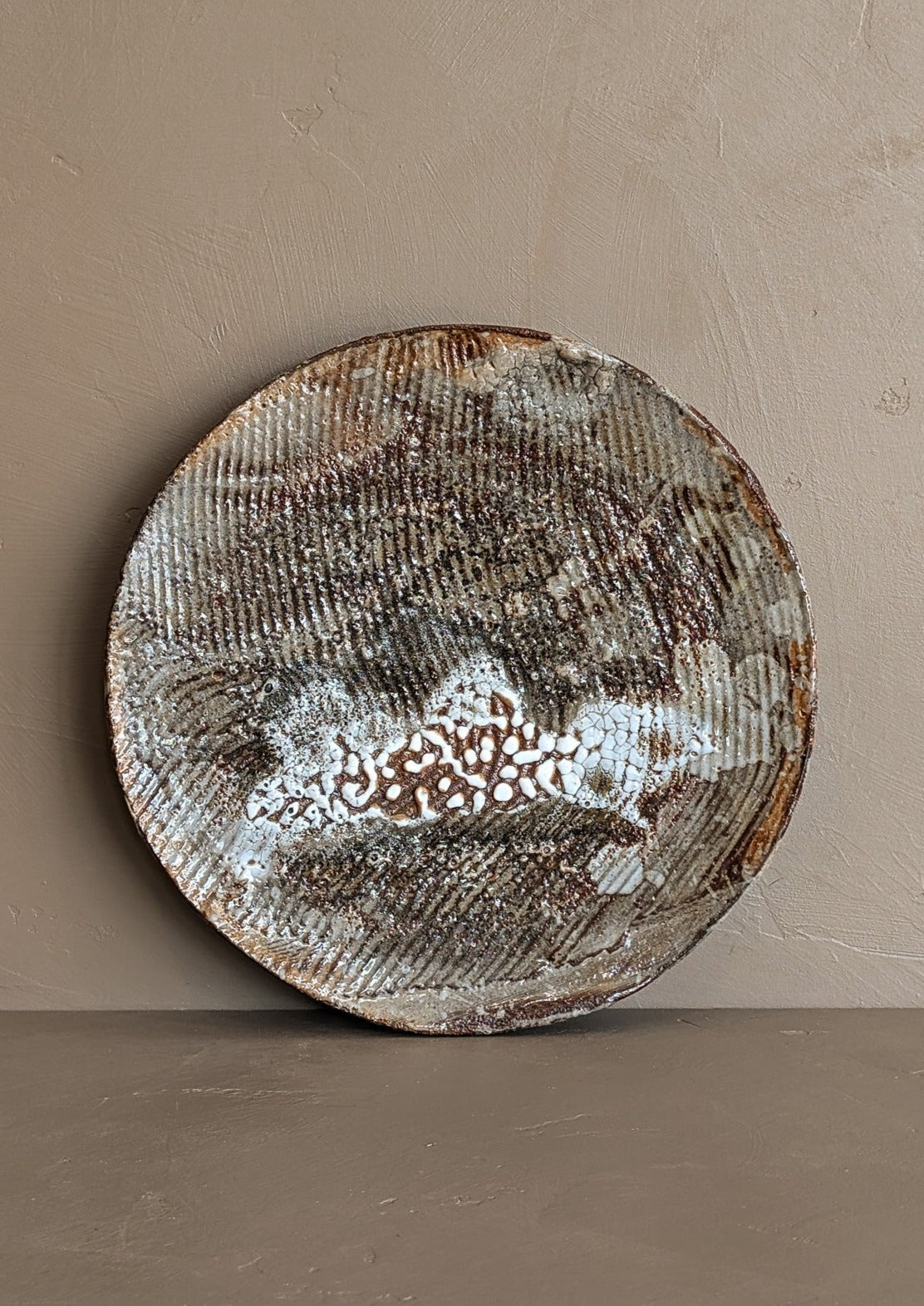 Handmade Signed Abstract Neutral Textured Wall Plate #2