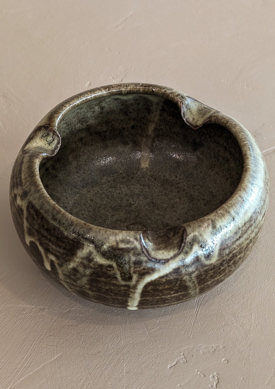 Handmade Neutral Drip Glaze Studio Pottery Bowl with Scalloped Rim