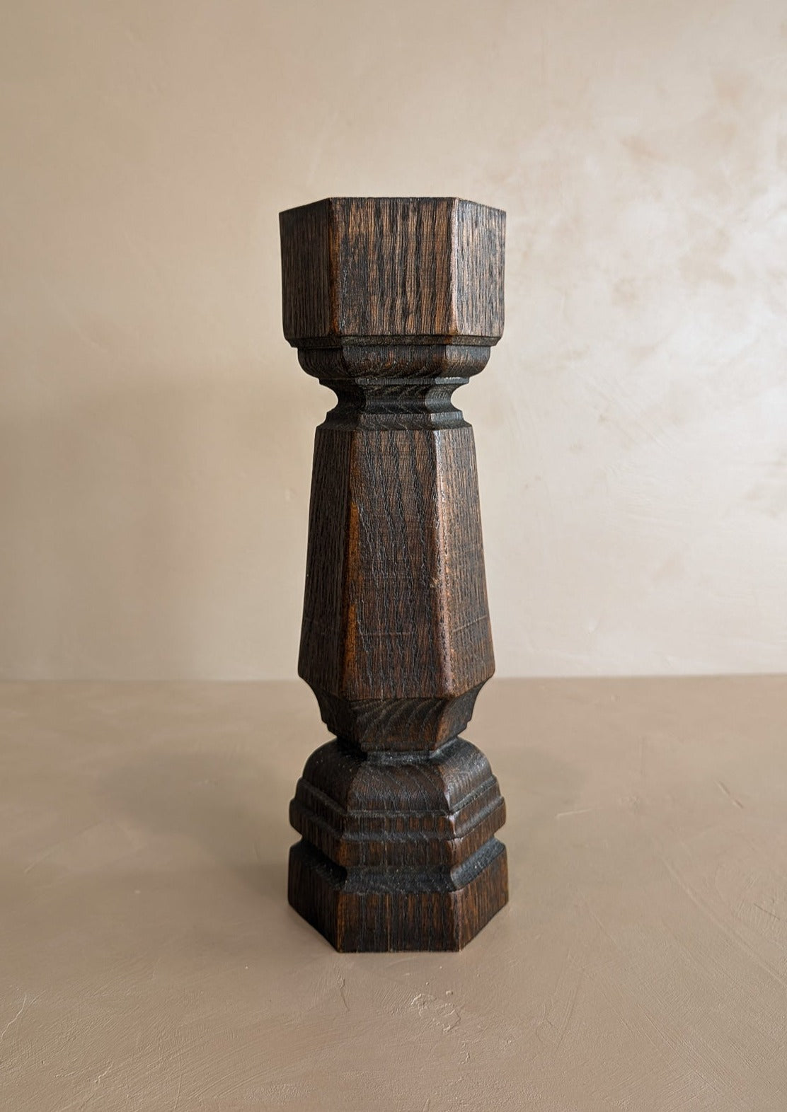 Vintage Large Chunky Dark Wooden Brutalist-Style Candlestick