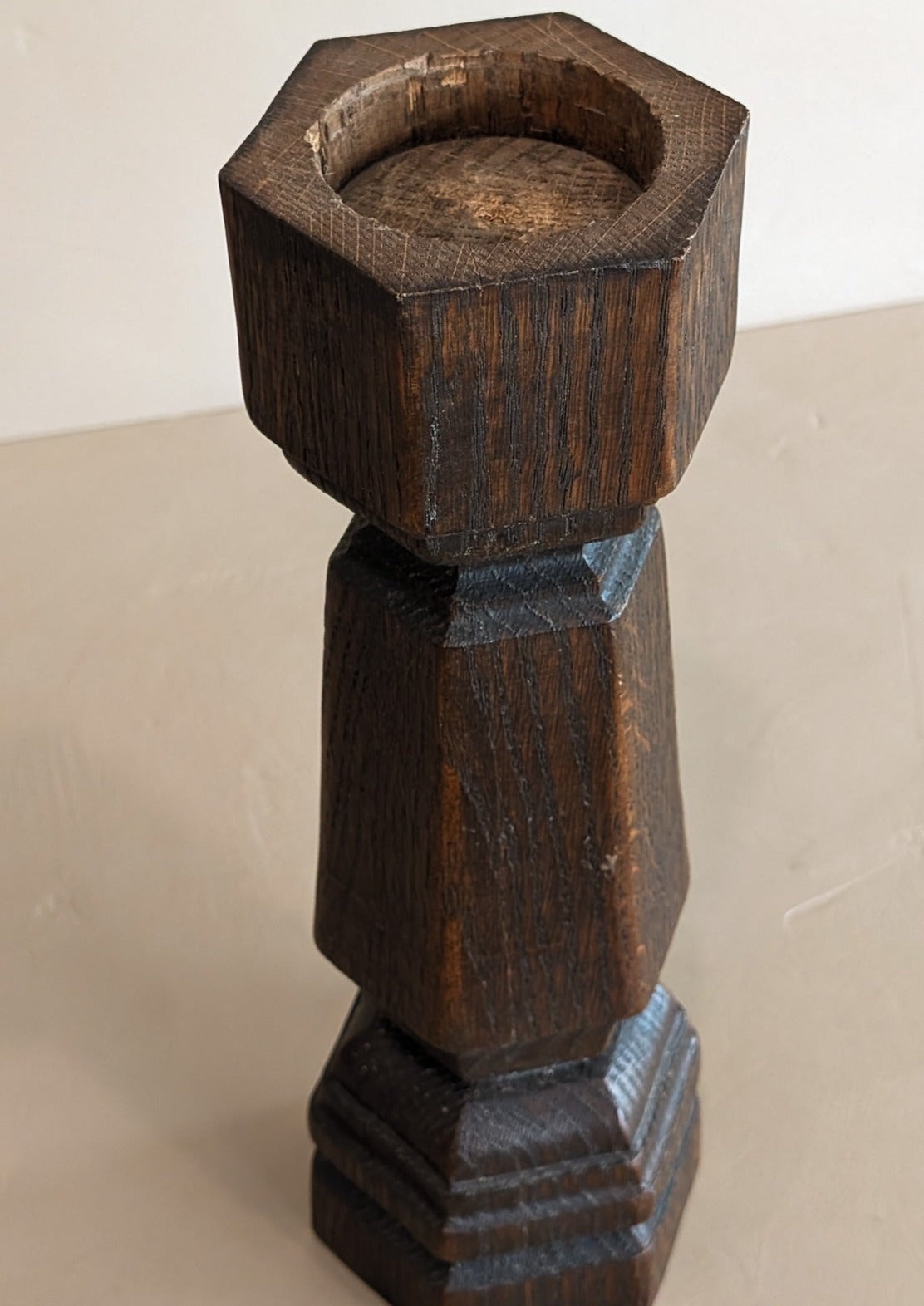 Vintage Large Chunky Dark Wooden Brutalist-Style Candlestick