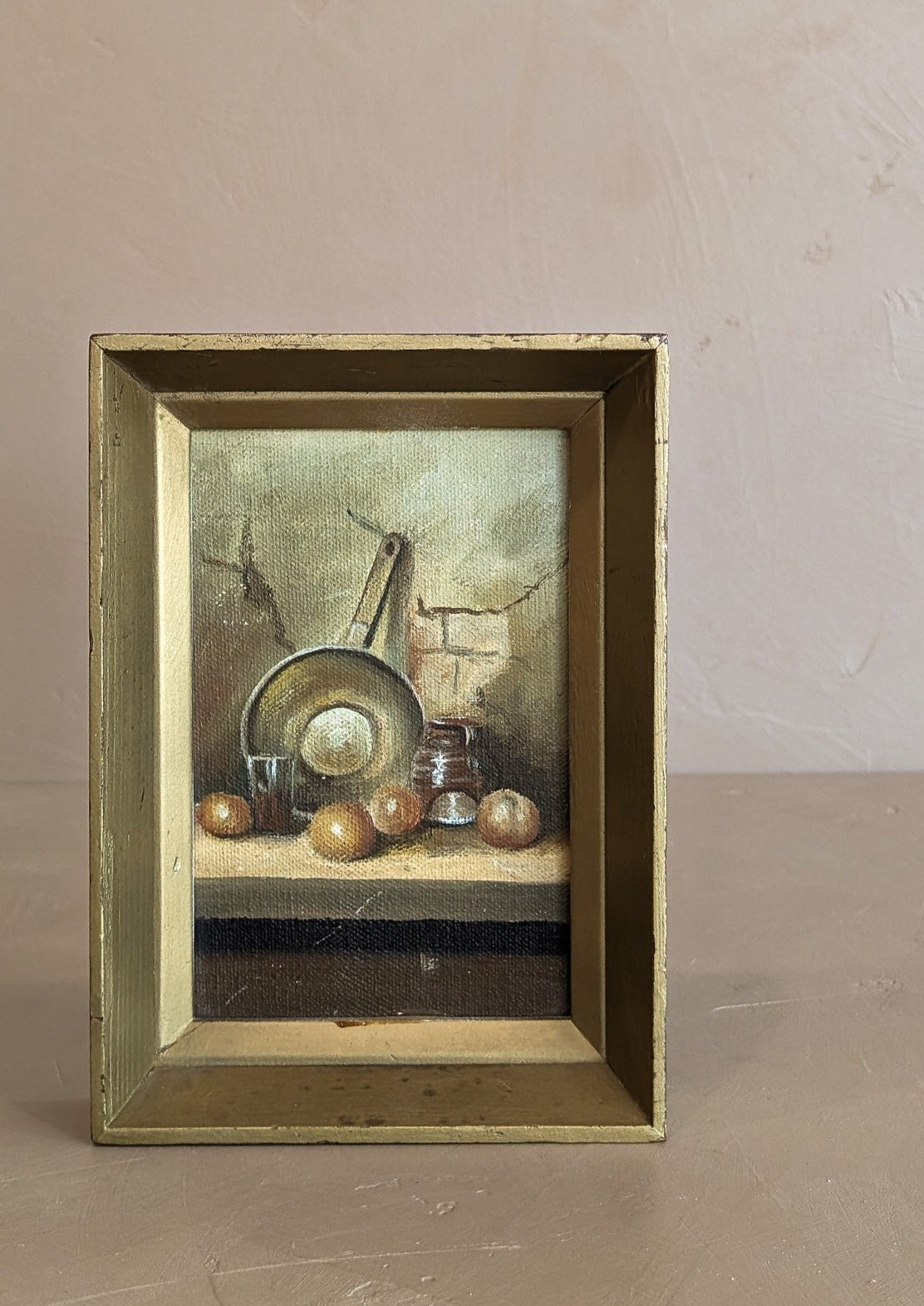 Framed Petite Vintage Still Life Painting with Kitchen Scene