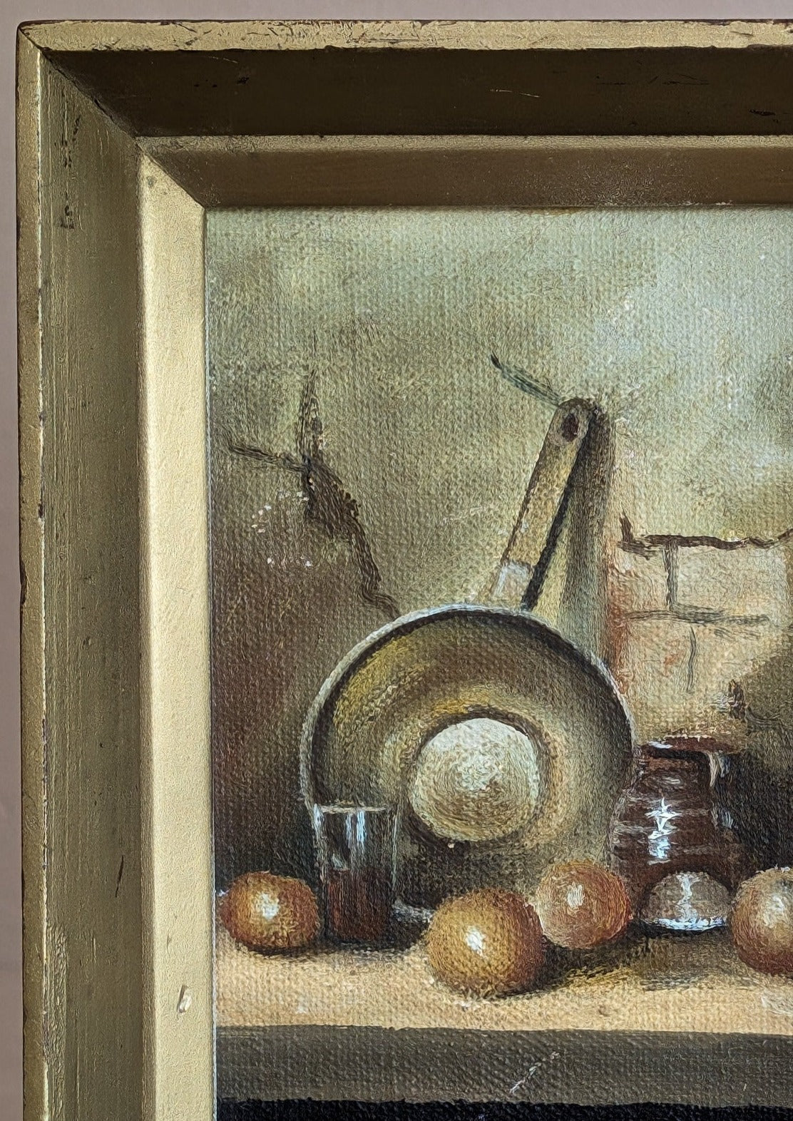 Framed Petite Vintage Still Life Painting with Kitchen Scene