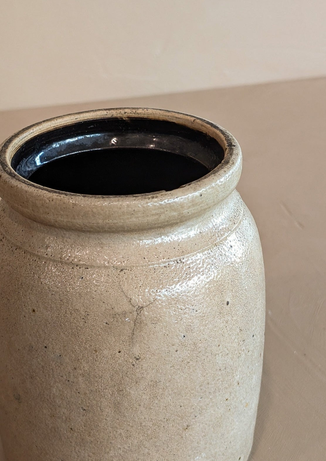 Antique Salt-Glazed Crock with Dark Brown Interior