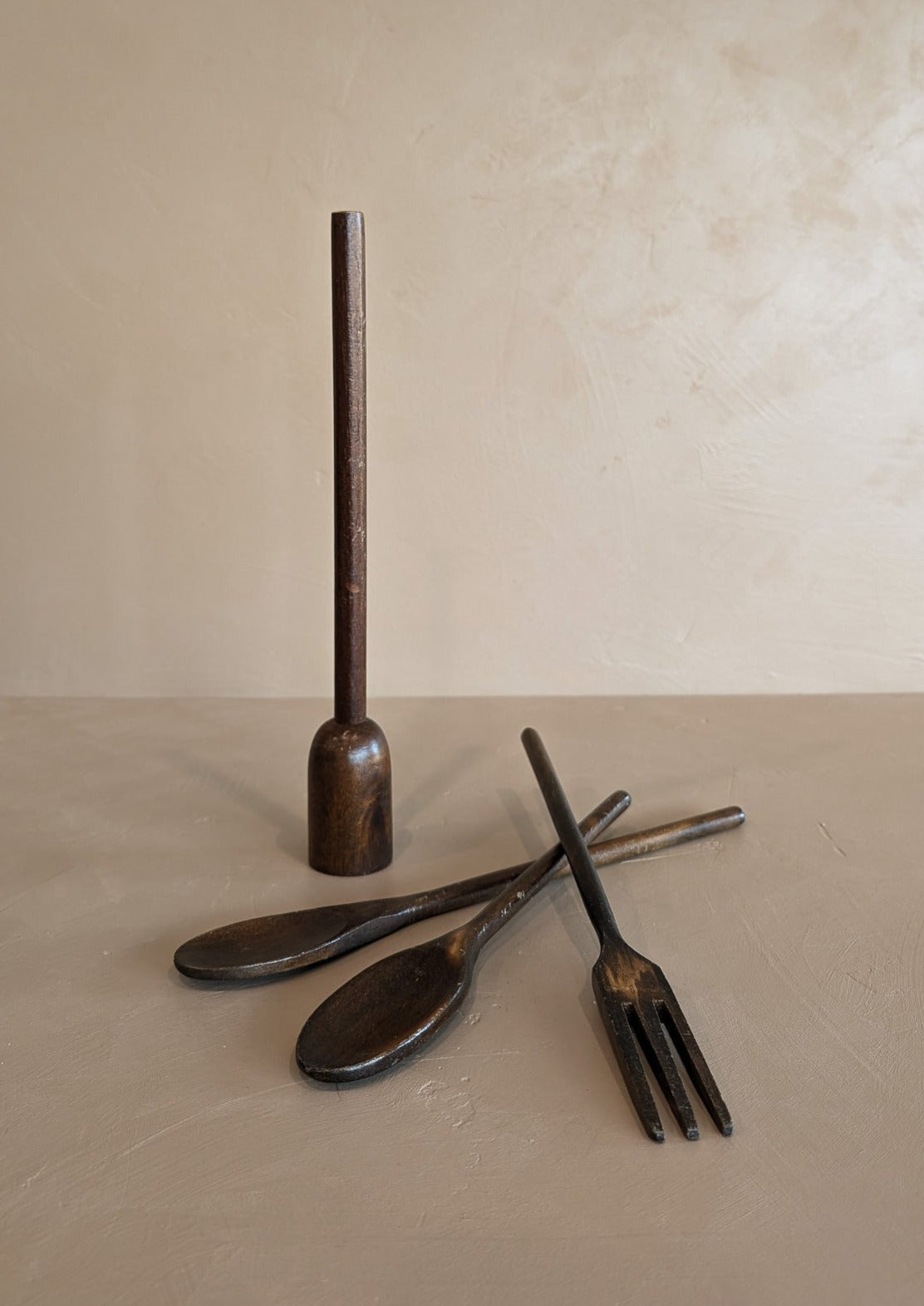 Set of 4 Vintage Dark Wooden Cooking Utensils