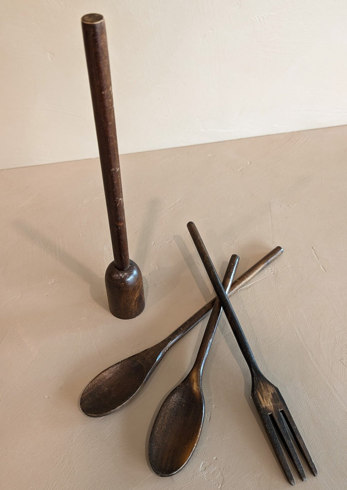 Set of 4 Vintage Dark Wooden Cooking Utensils