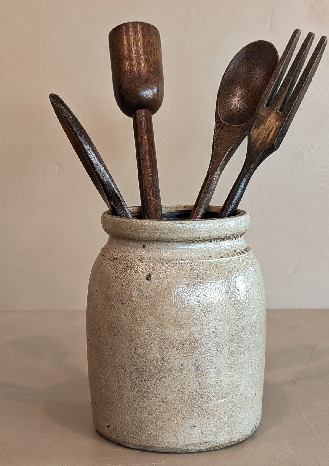 Antique Salt-Glazed Crock with Dark Brown Interior