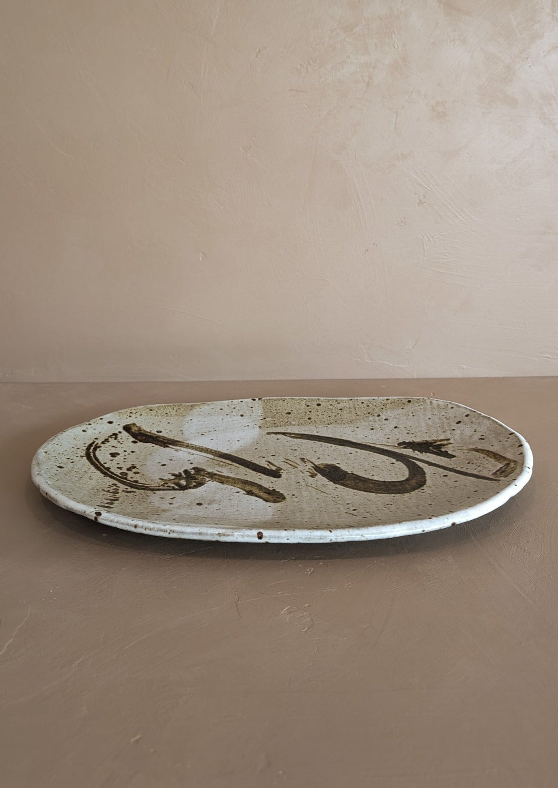 Large Neutral Signed Pottery Tray with Freeform Detailing