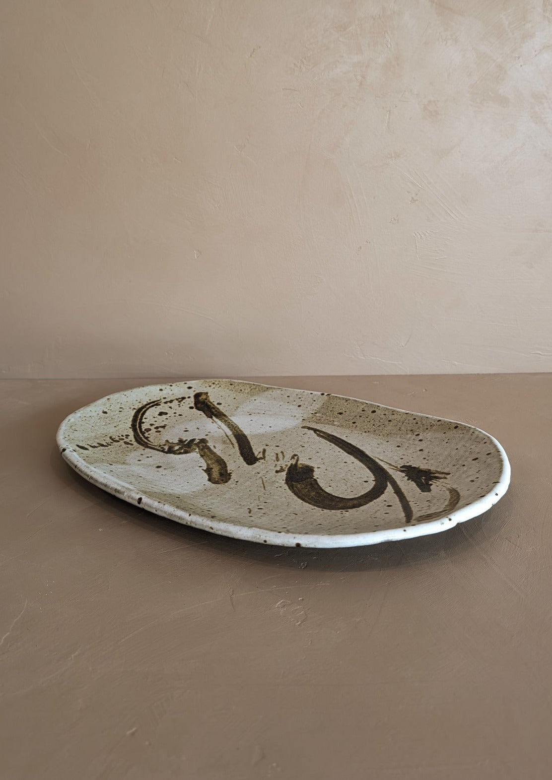 Large Neutral Signed Pottery Tray with Freeform Detailing