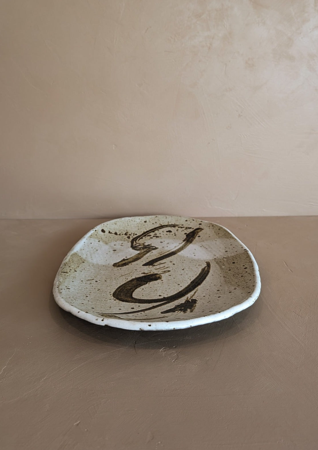 Large Neutral Signed Pottery Tray with Freeform Detailing