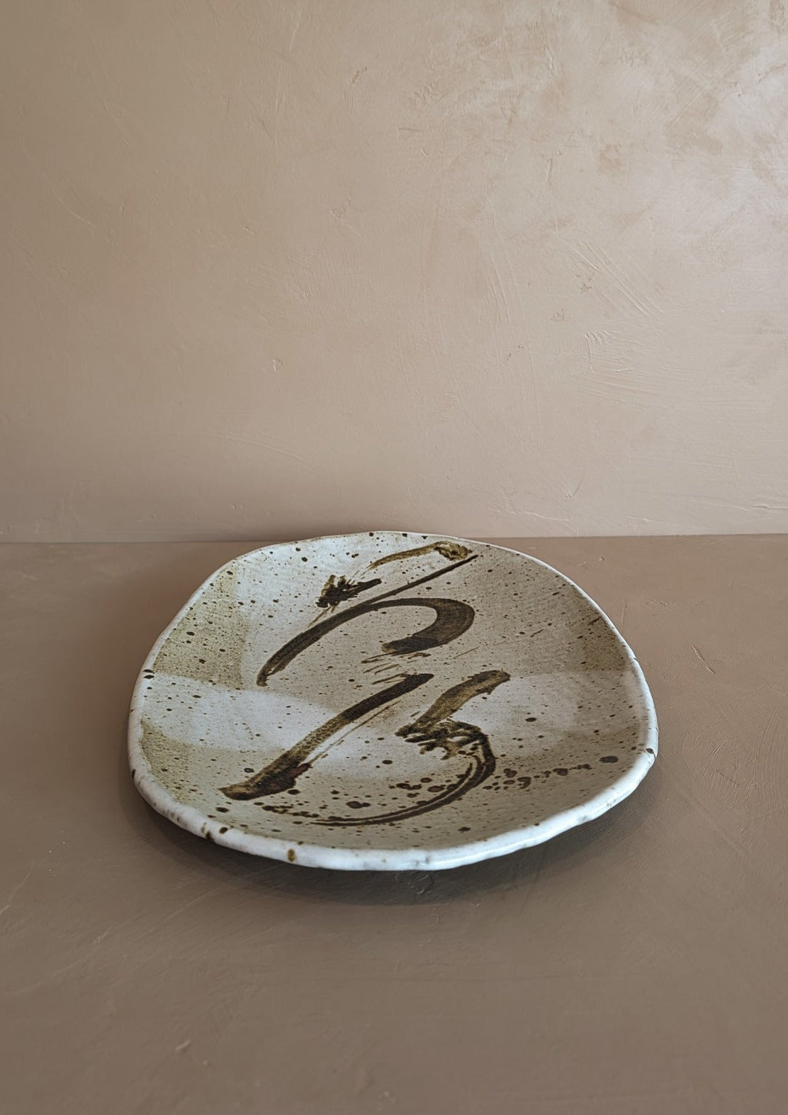 Large Neutral Signed Pottery Tray with Freeform Detailing