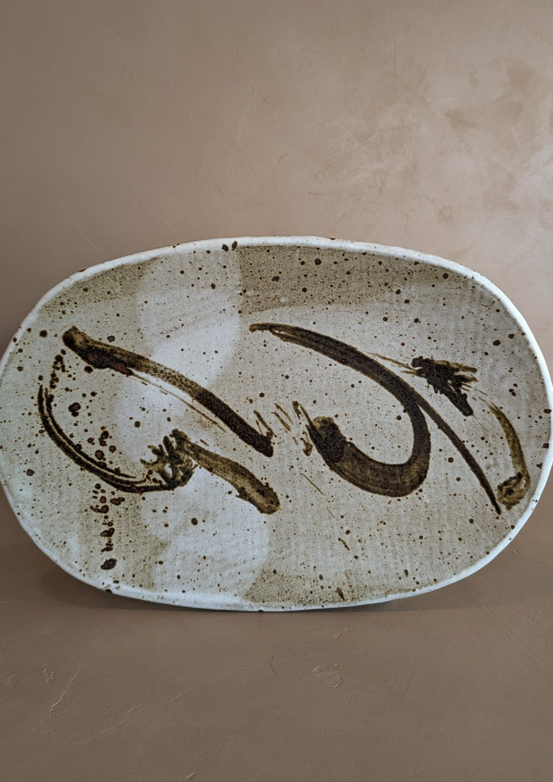 Large Neutral Signed Pottery Tray with Freeform Detailing