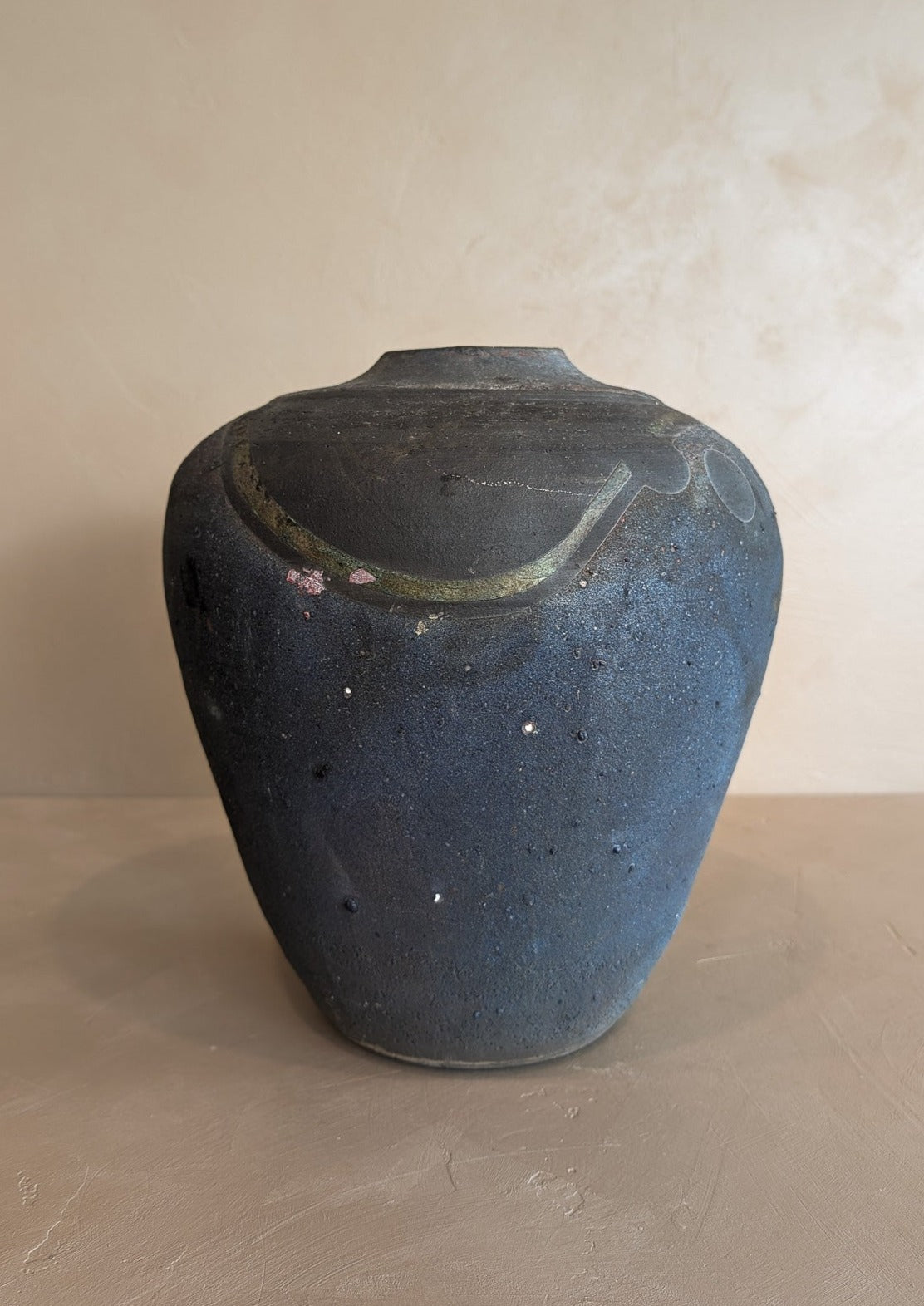 Large Handmade Dark Studio Pottery Raku Vase with Freeform Detailing