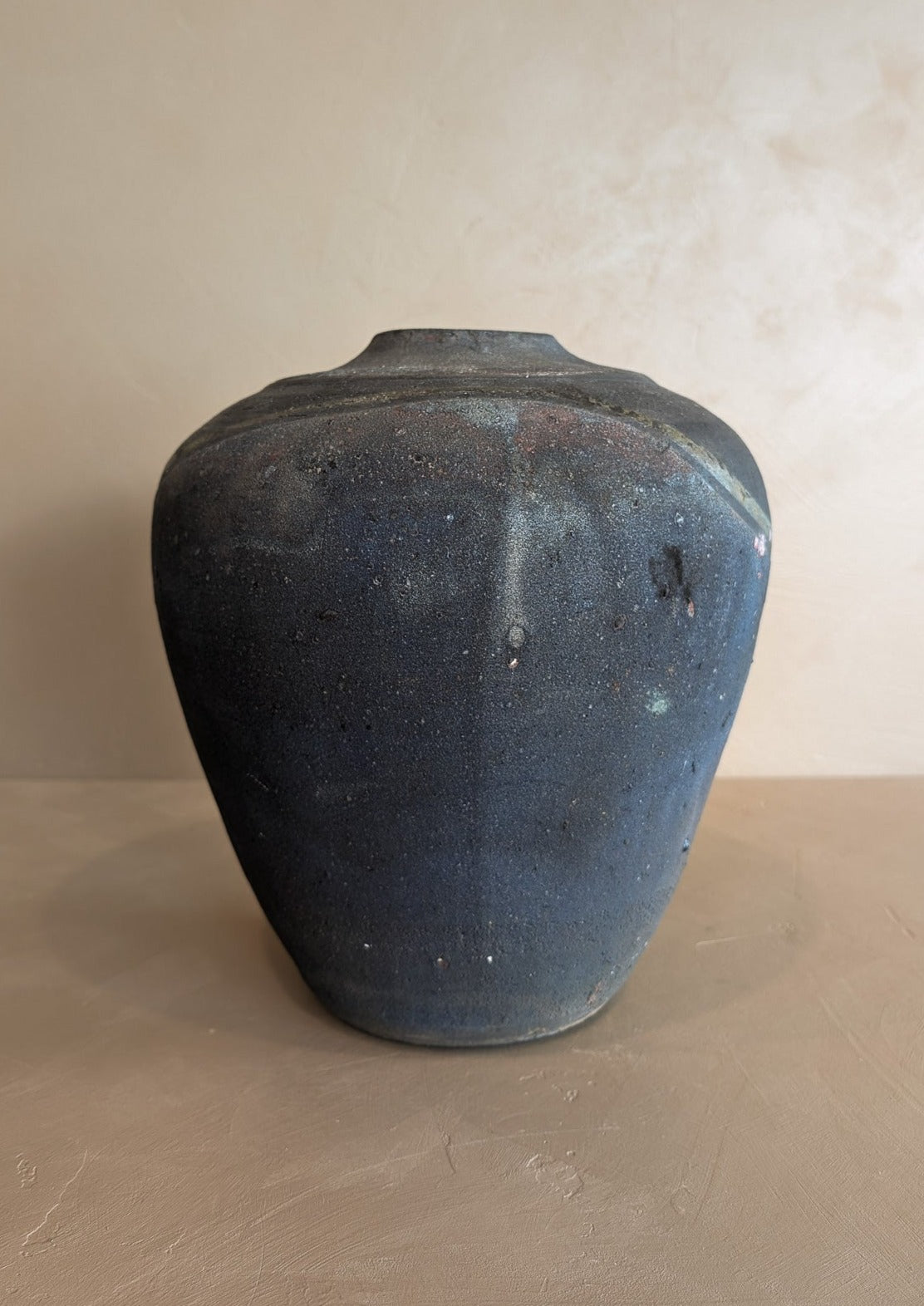 Large Handmade Dark Studio Pottery Raku Vase with Freeform Detailing