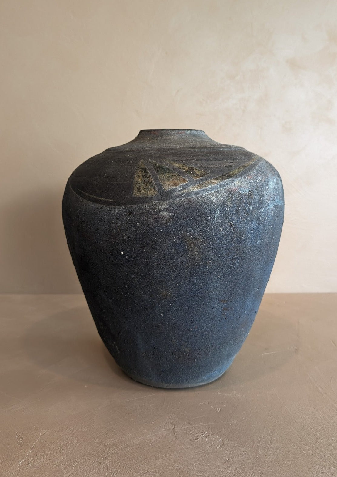 Large Handmade Dark Studio Pottery Raku Vase with Freeform Detailing